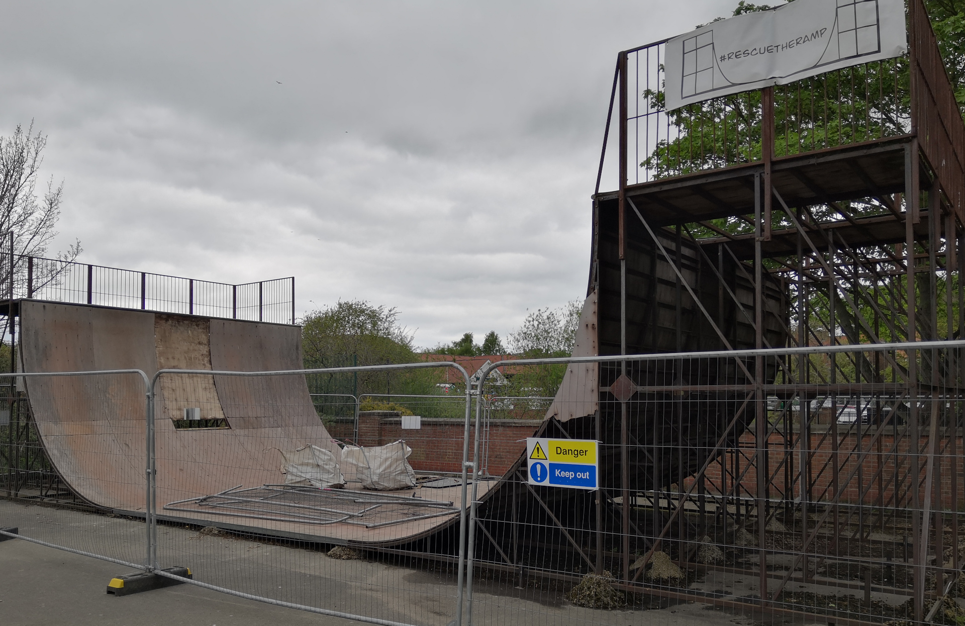 The half pipe fenced off ready for work on renovation